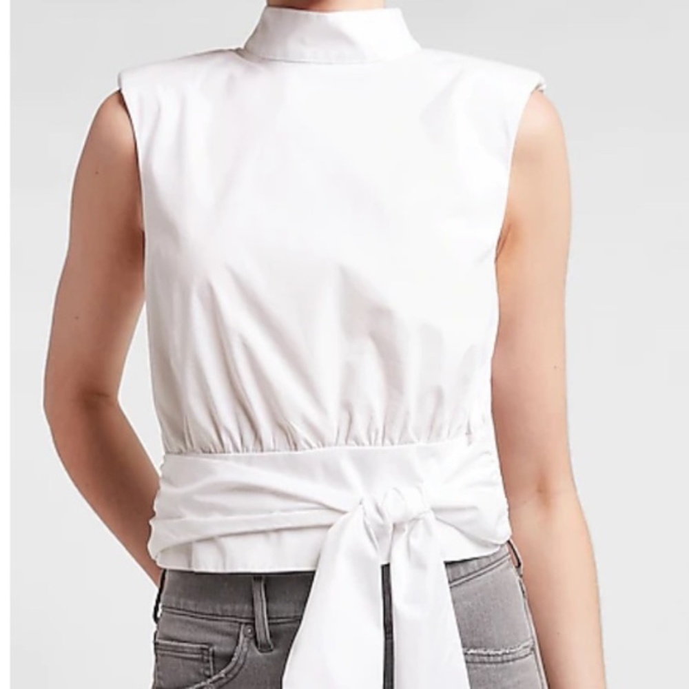 Express Cropped Tie Front Padded Shoulder Mock Neck Tank XS ~NWT